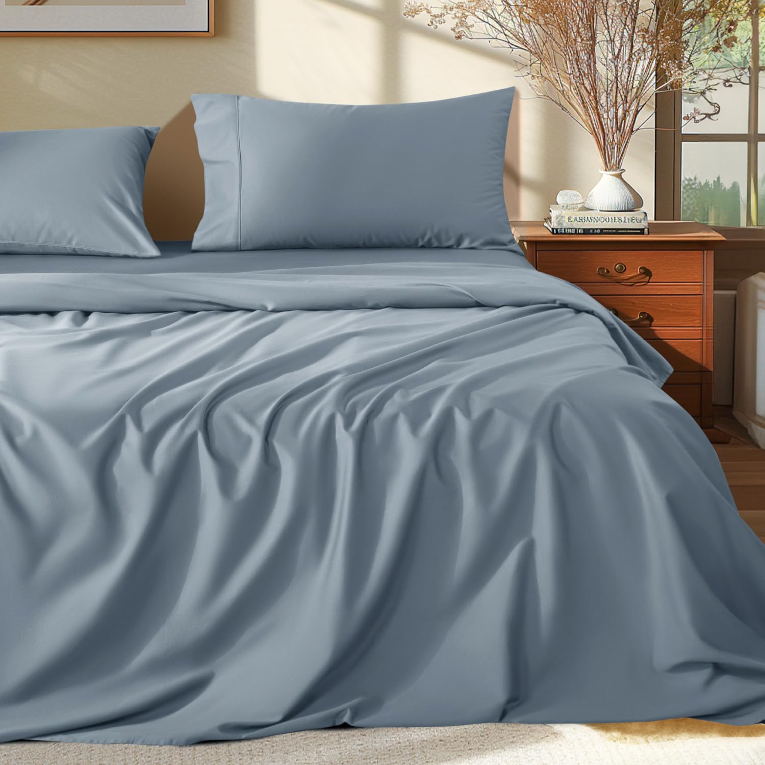 Shilucheng 100% Egyptian Cotton Queen Size Sheets Set - 1000 Thread Count,Luxury Cotton Bed Sheets,Breathable & Cooling Bedding And Pillow Cases, 16 Inch Deep Pocket - 4 Piece (French Blue, Queen)